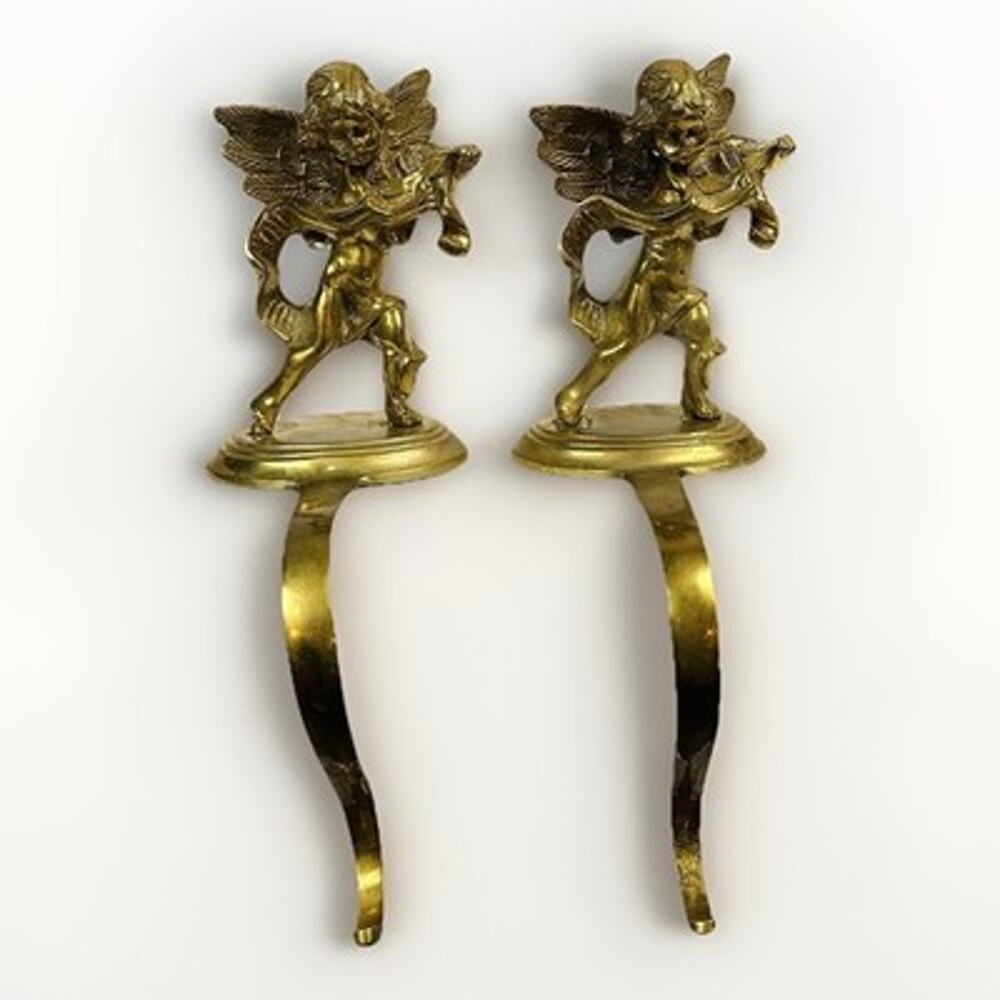 Vintage Large Solid Brass Christmas Angel Stocking Holders Mantel Shelf Hooks